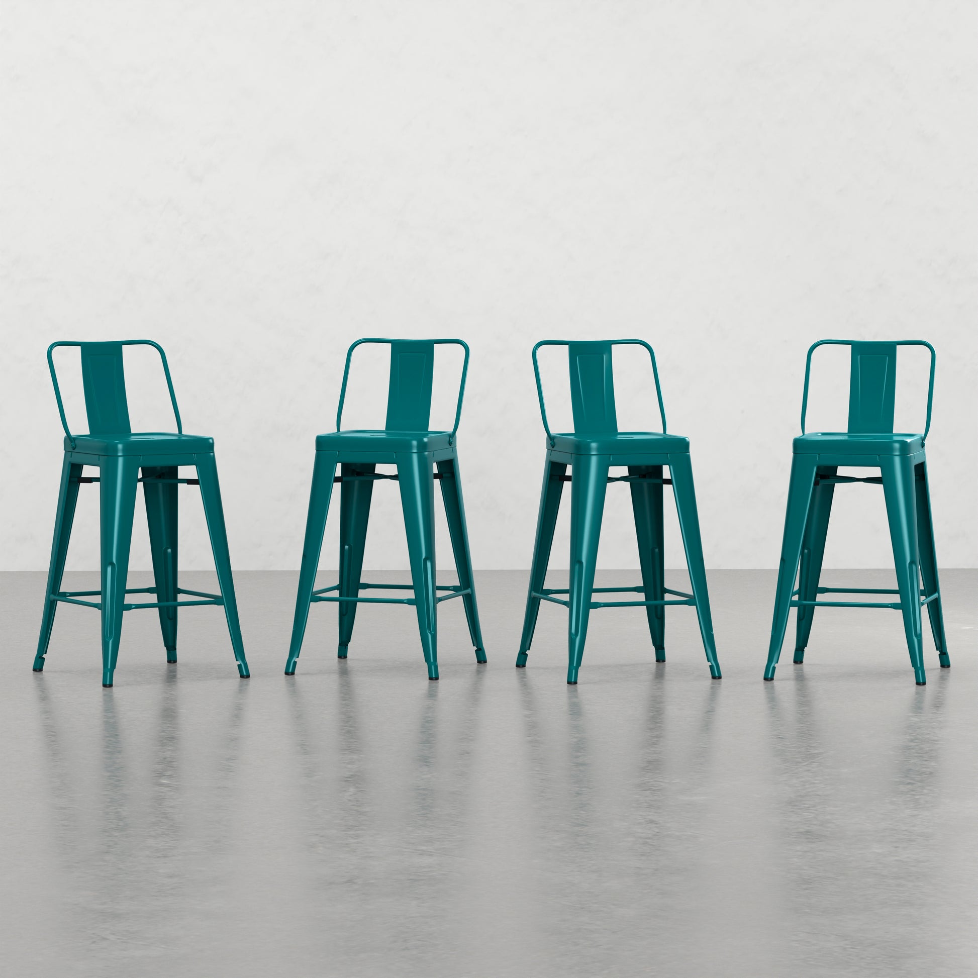 Teal industrial metal bar stool with backrest and footrest set of four
