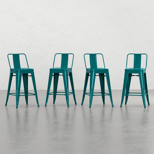 Teal industrial metal bar stool with backrest and footrest set of four