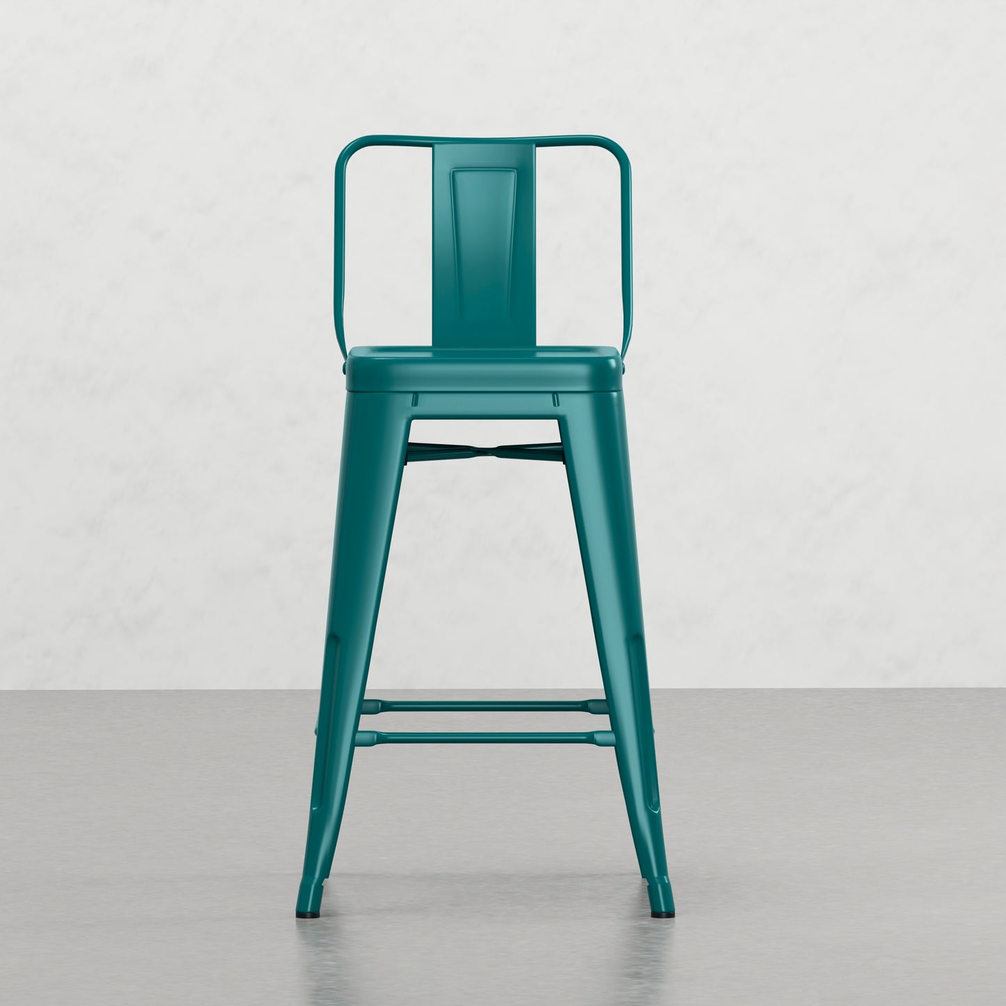 Teal metal industrial bar stool with backrest and footrest perfect for kitchen counters