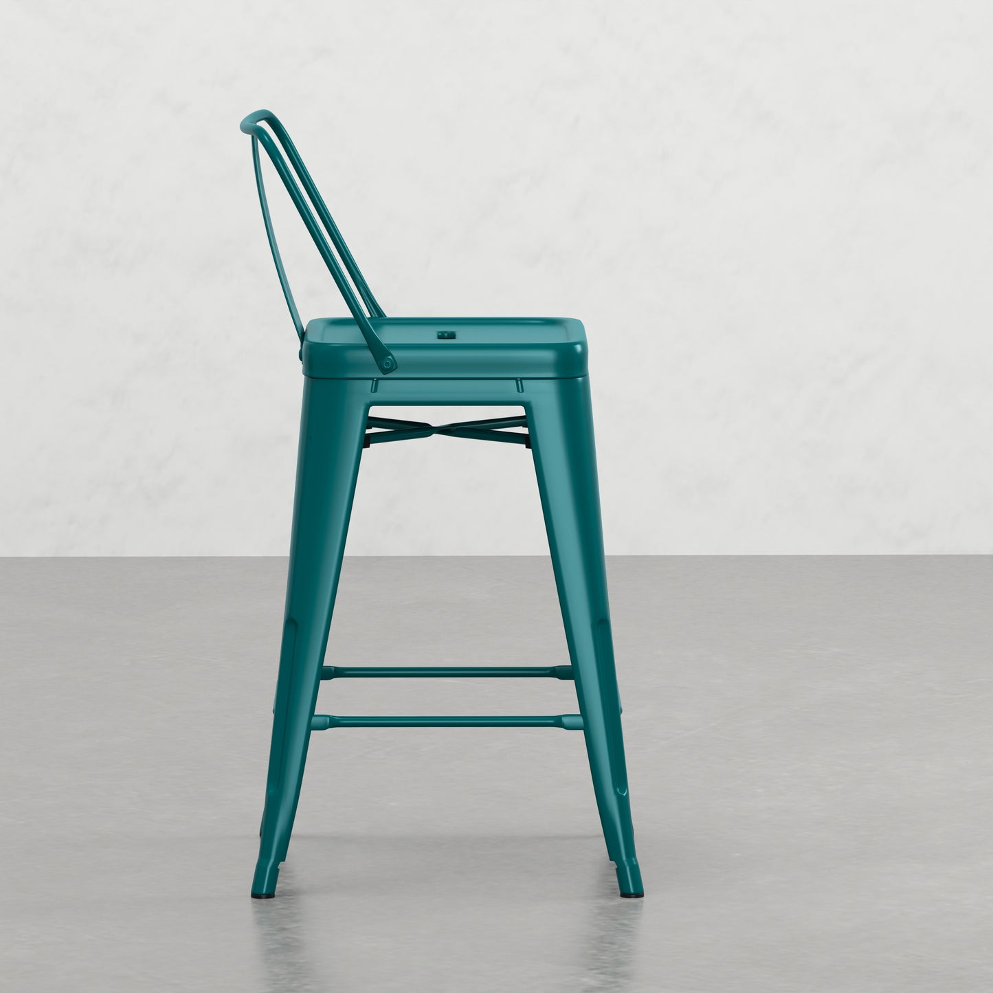 Teal metal bar stool with a sleek modern design
