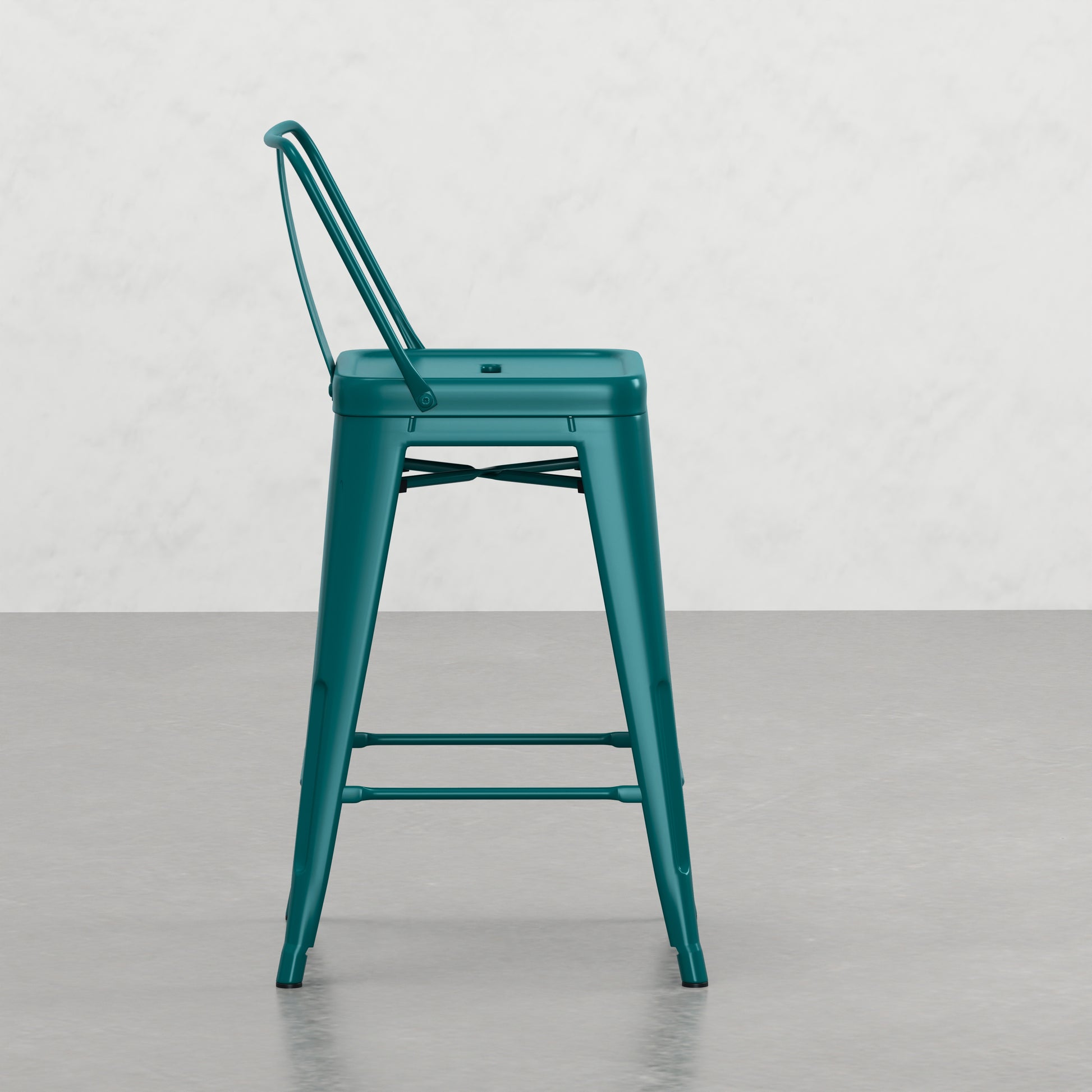 Teal metal bar stool with a sleek modern design