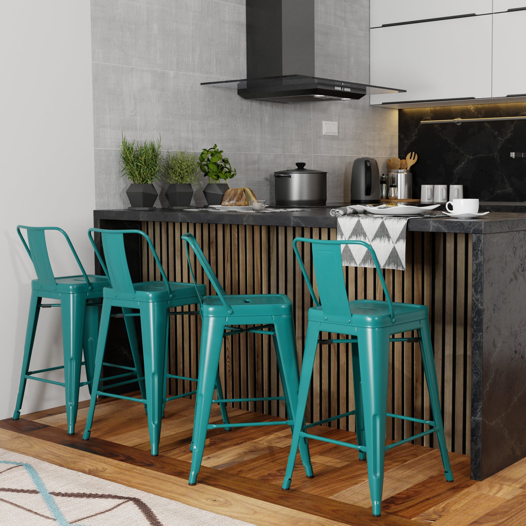 Four teal metal bar stools with backrests arranged at a kitchen island