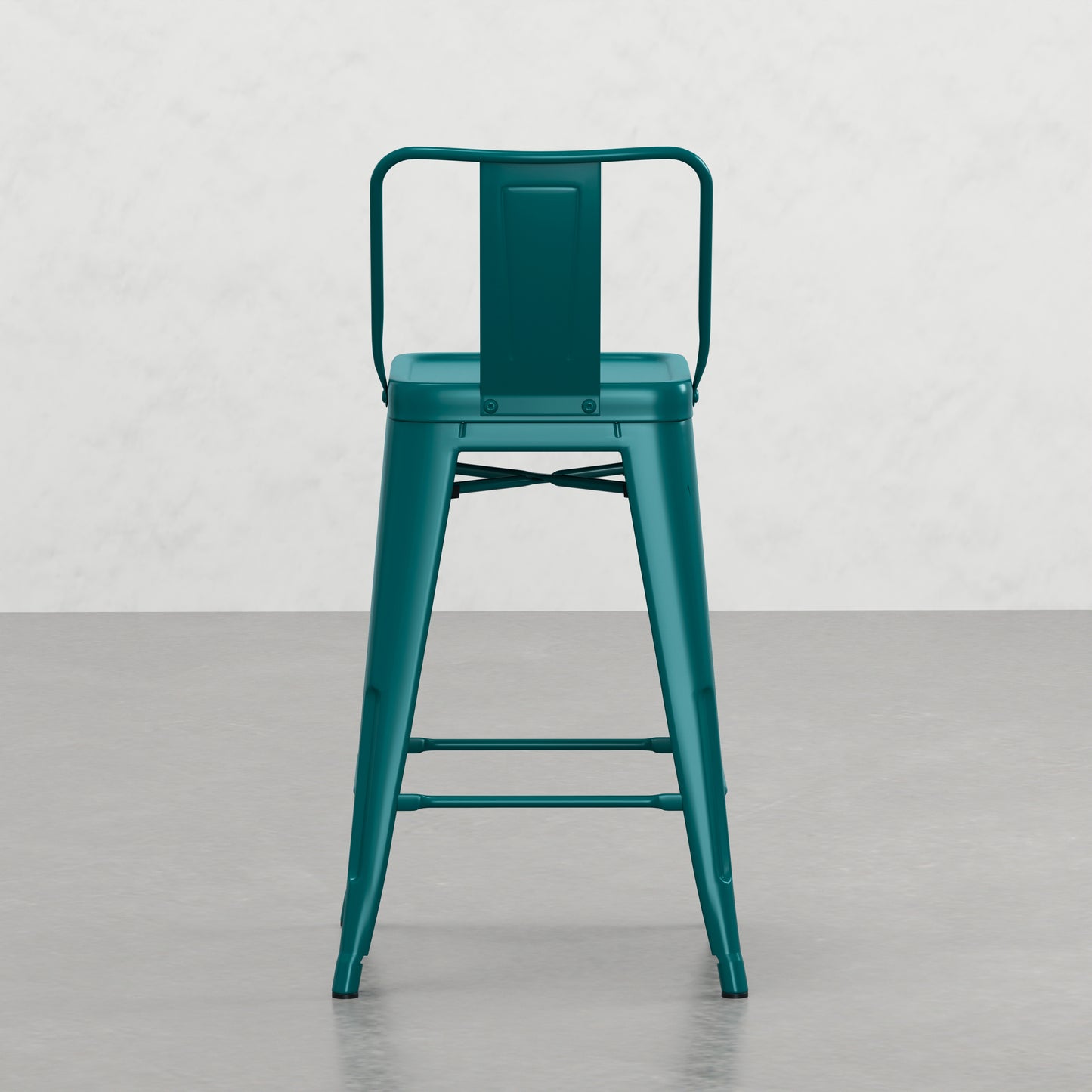 Teal metal stool with industrial design and backrest ideal for kitchen counter