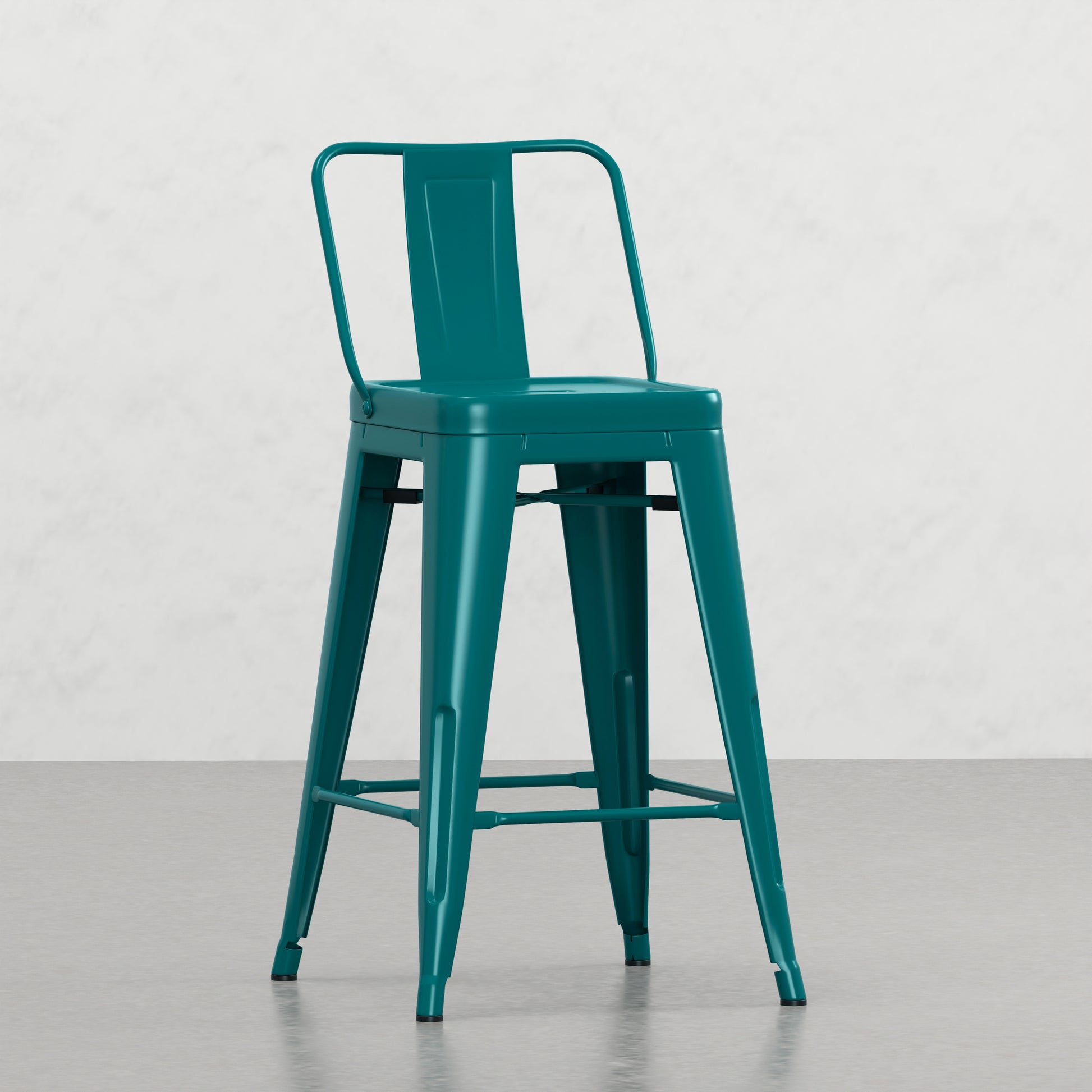 Teal metal industrial bar stool with a backrest and footrest