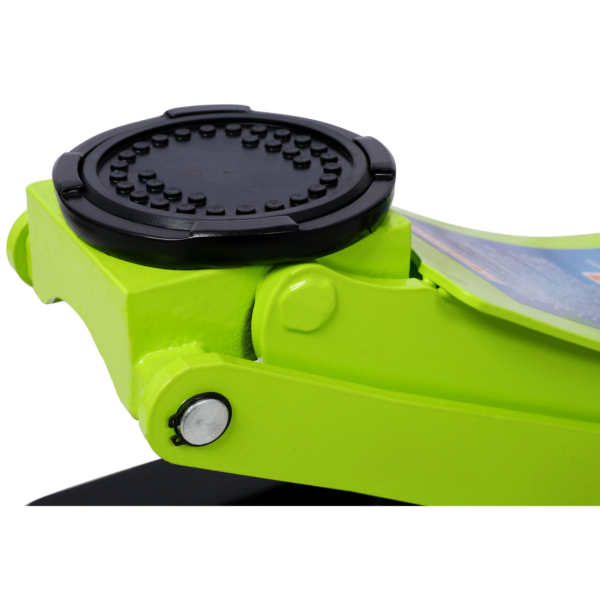 Green aluminum floor jack saddle with textured grip for secure lifting