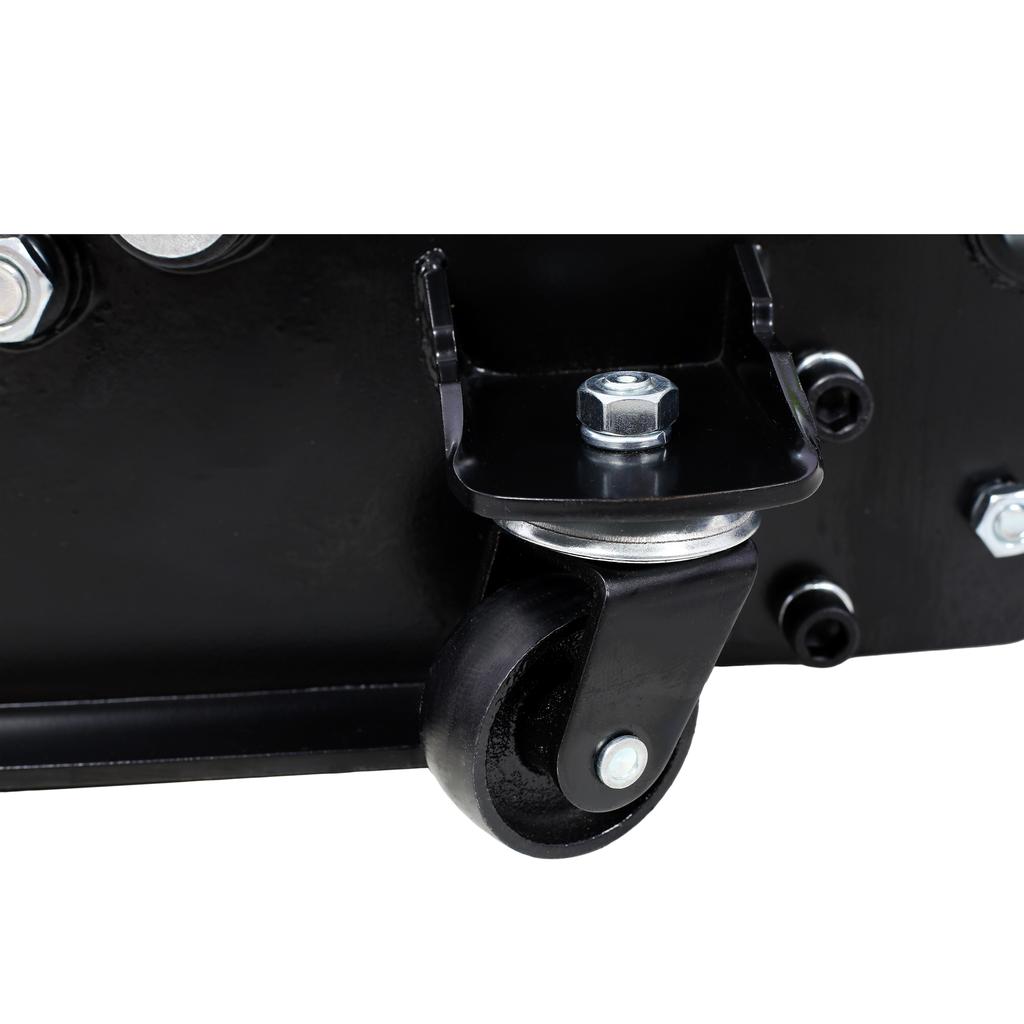 Black swivel caster wheel on a hydraulic jack with visible bolts