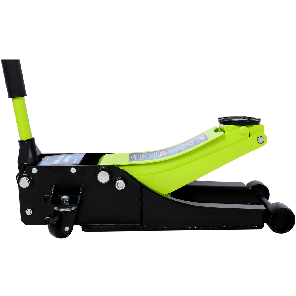 Black and lime green heavy duty floor jack with silver hardware and wheels