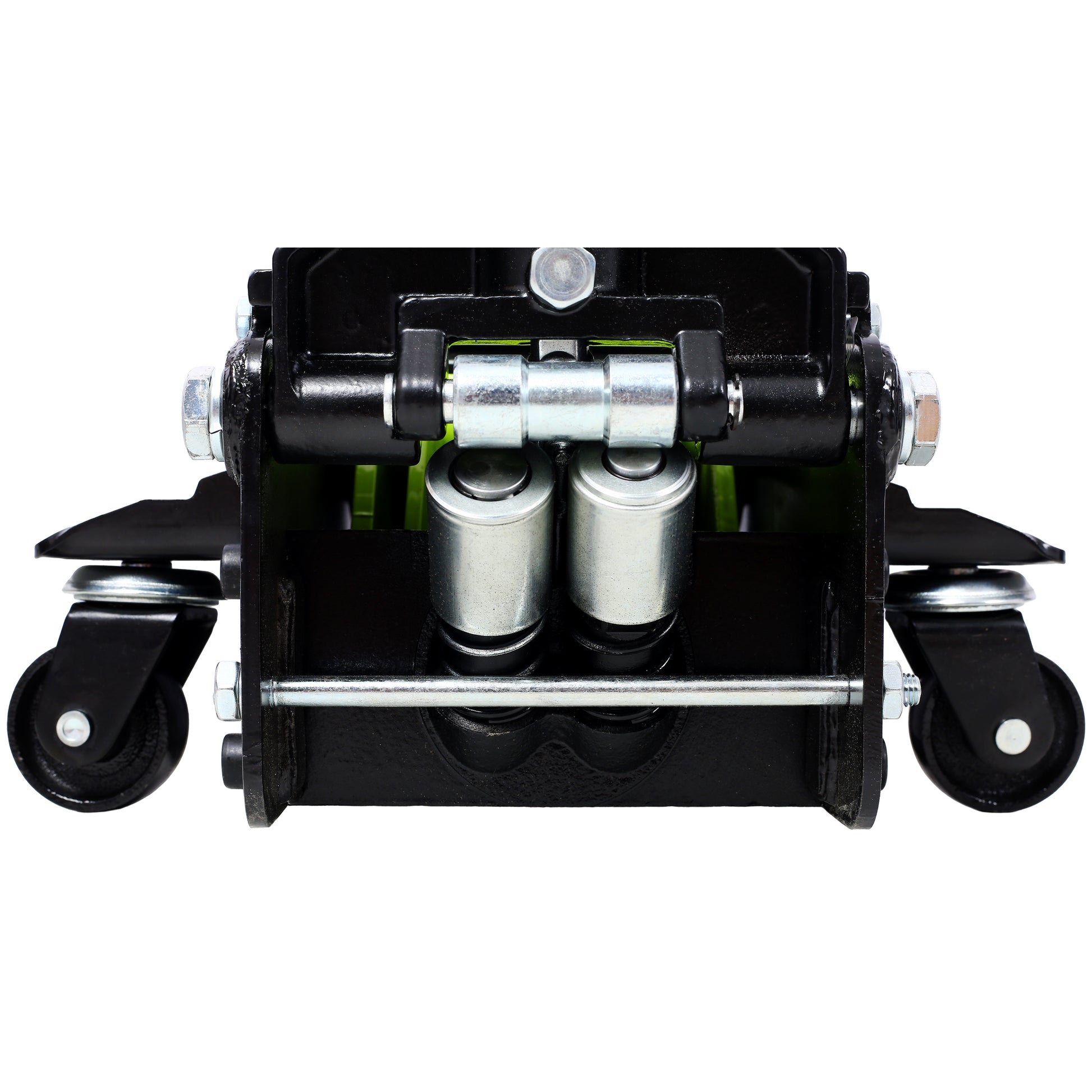 Black low profile floor jack with green accents featuring heavyduty casters and lifting mechanism