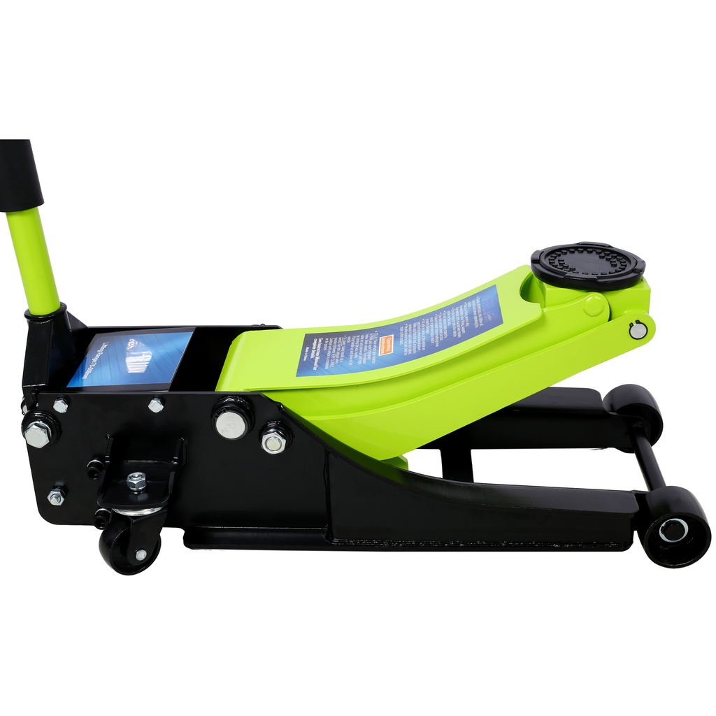 Bright green and black hydraulic floor jack a portable automotive lifting tool