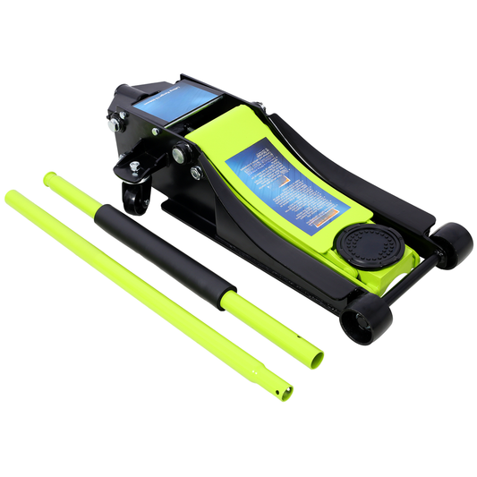 Heavy duty floor jack with bright green accents and two lifting handles
