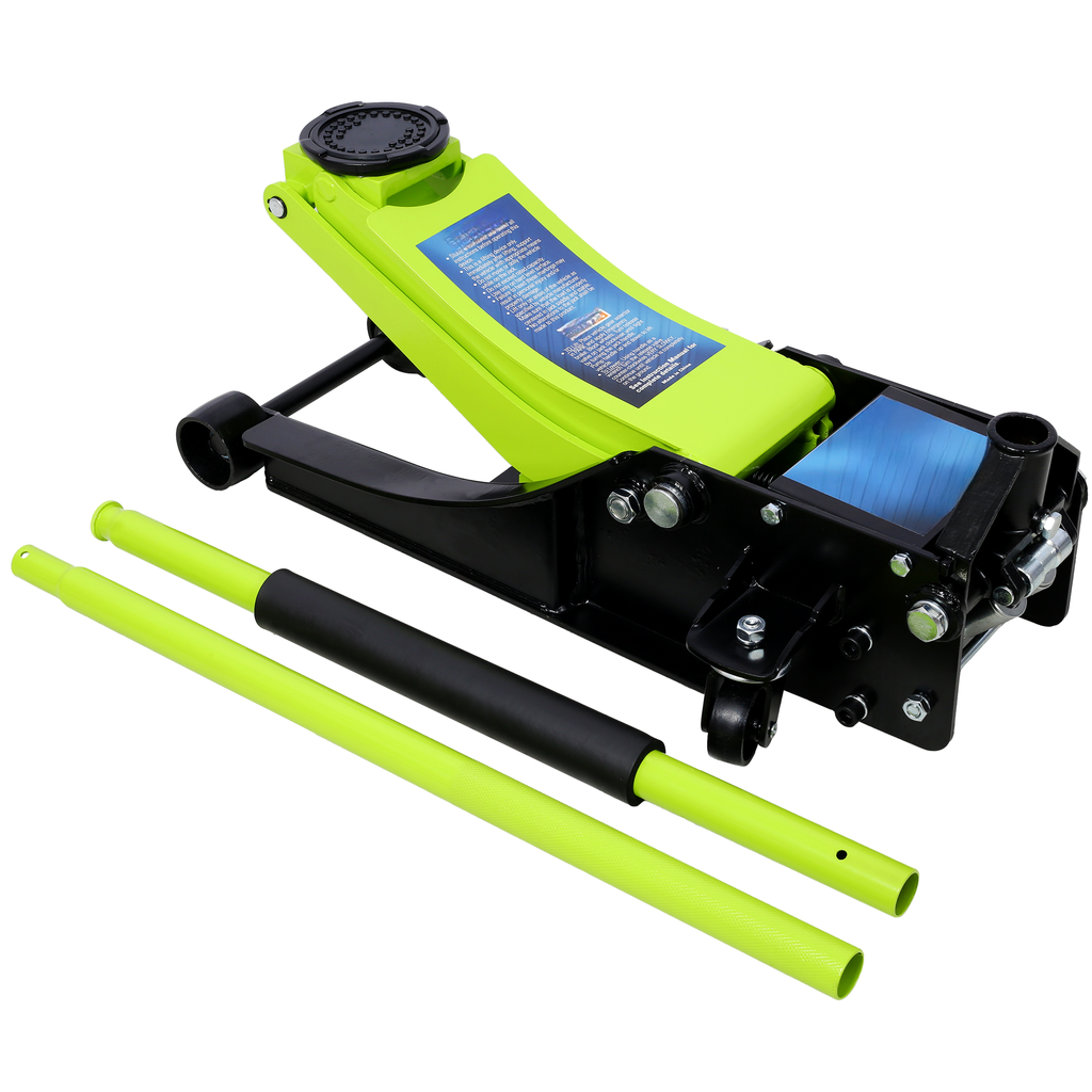 Lime green and black heavy duty floor jack with two separate handles