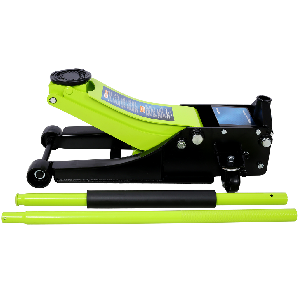 Green and black heavy duty floor jack with detachable handle for automotive lifting