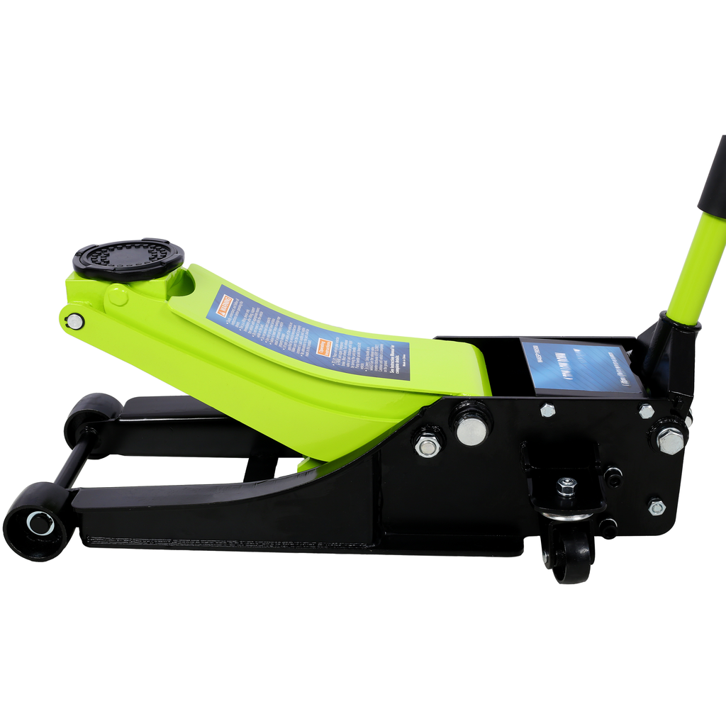 Low profile lime green hydraulic floor jack with black steel frame and handle for automotive lifting
