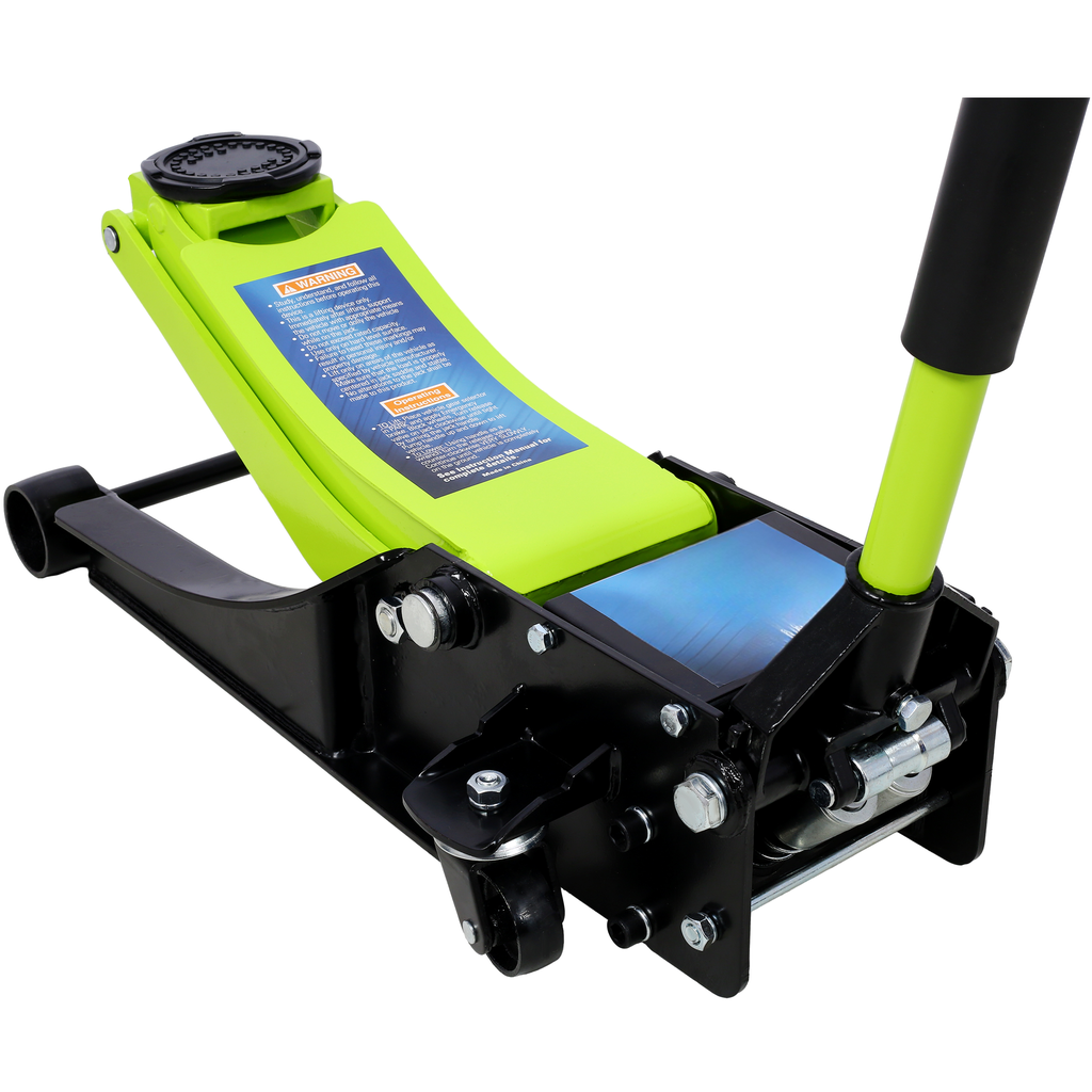 Low profile hydraulic floor jack in bright green and black ideal for car repair