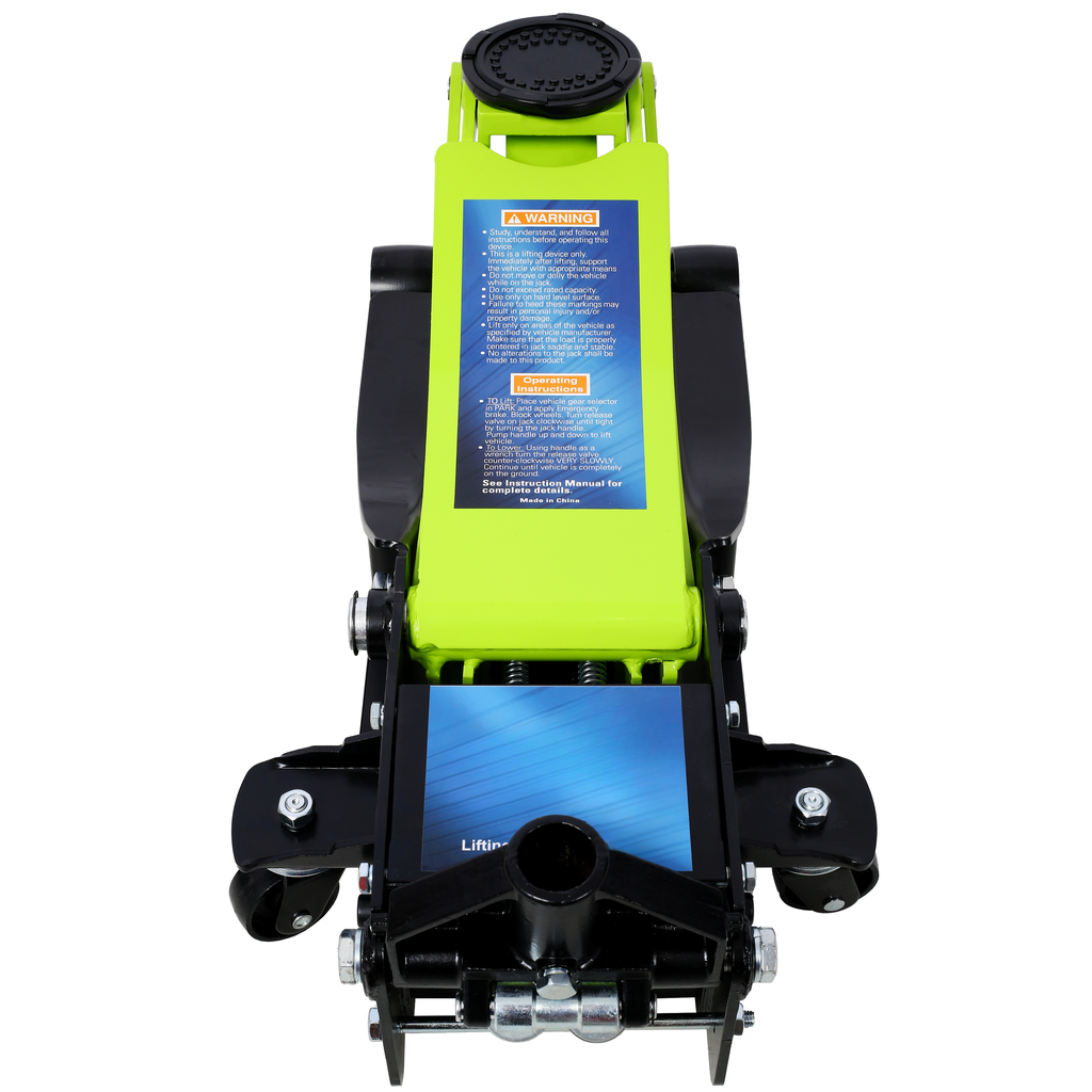 Bright green and black ton hydraulic floor jack for vehicle lifting