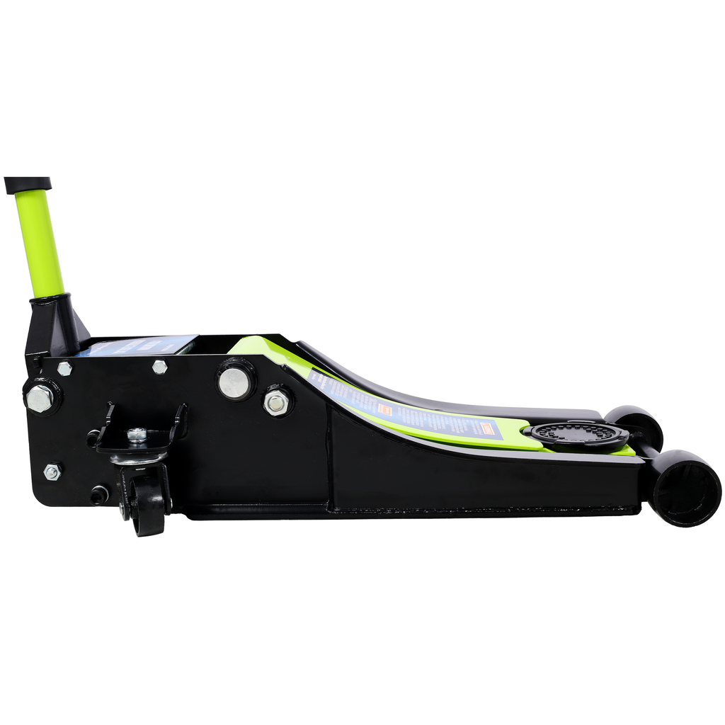 Black low profile hydraulic floor jack with green accents and handle