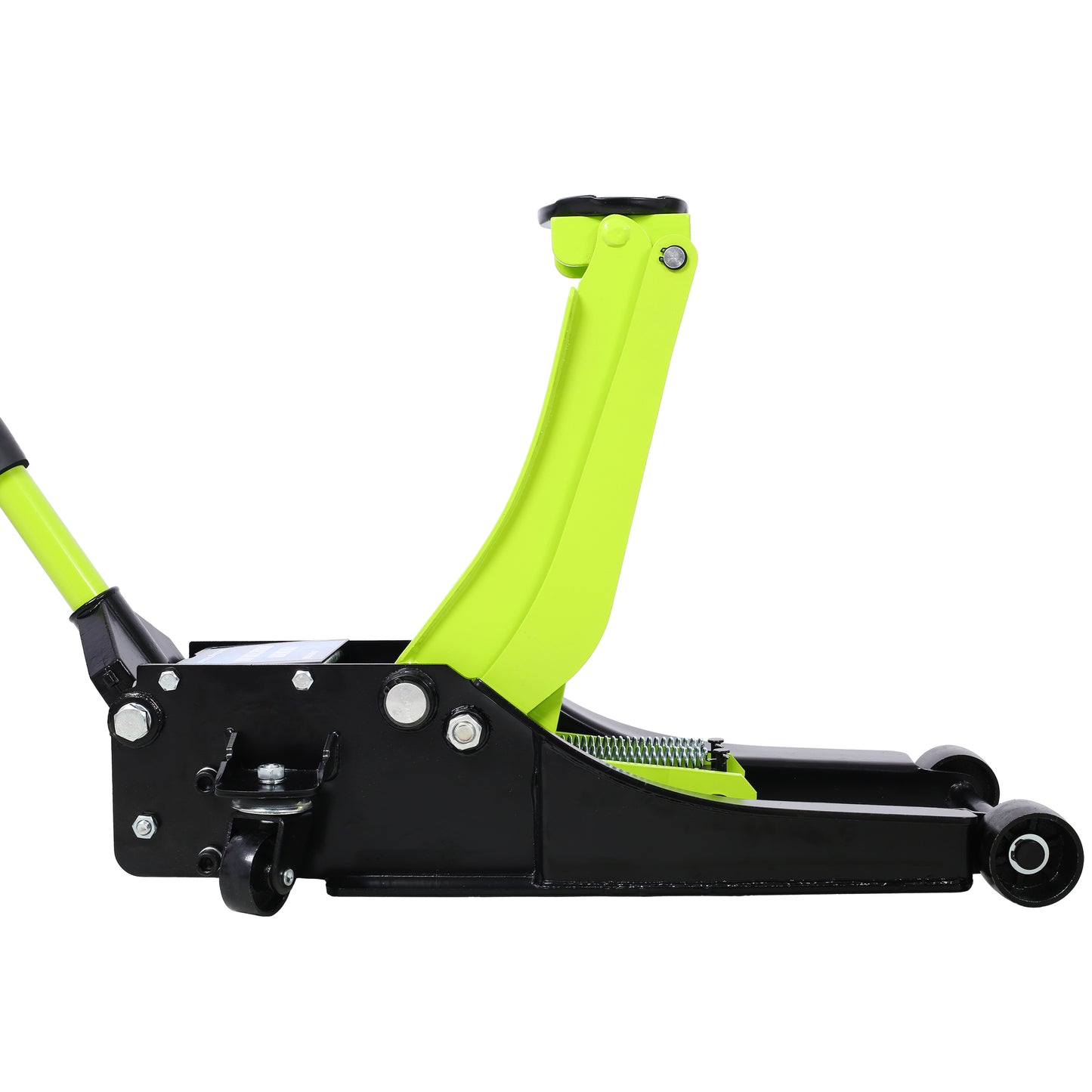 Black and neon green hydraulic floor jack with lifting arm extended