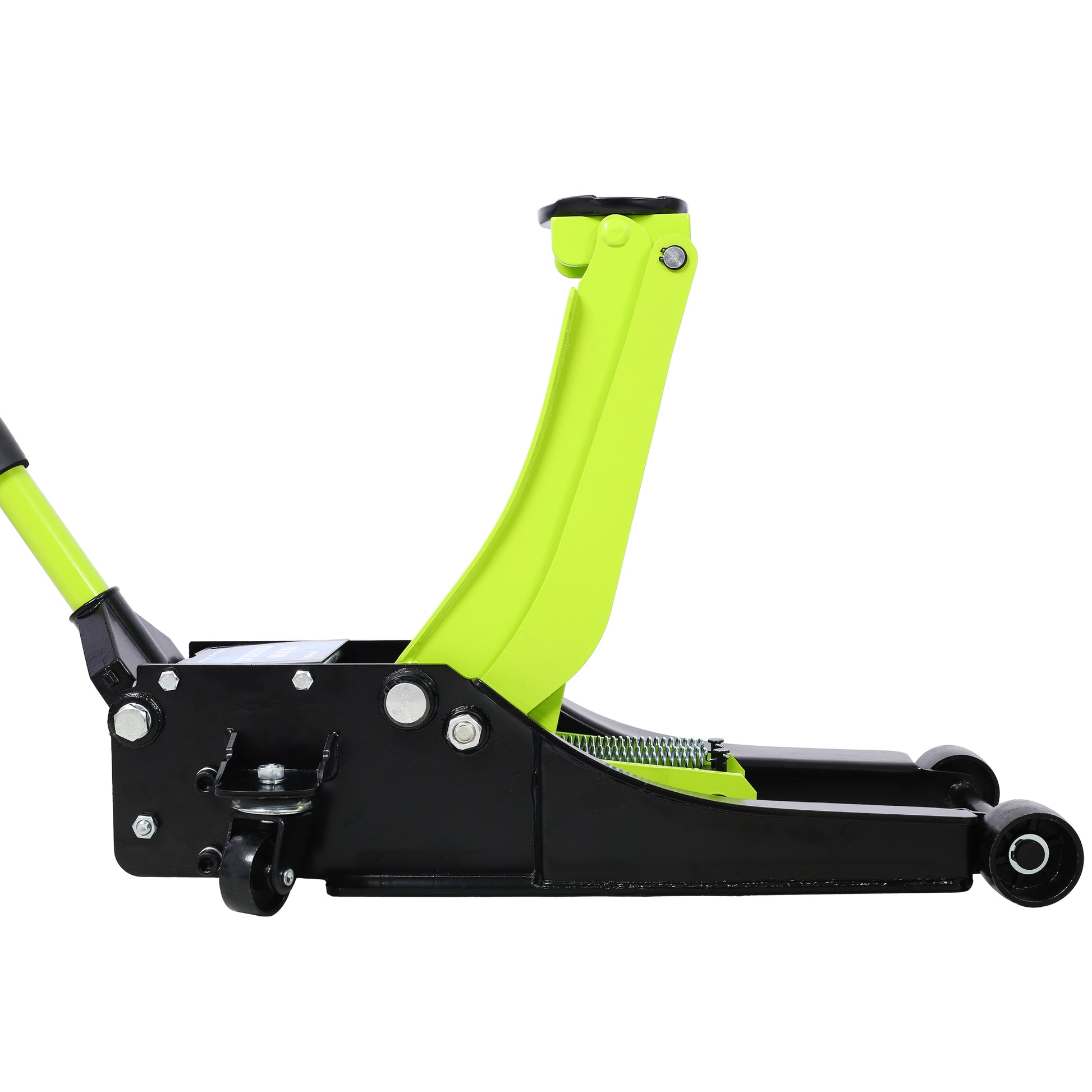 Black and neon green hydraulic floor jack with lifting arm extended