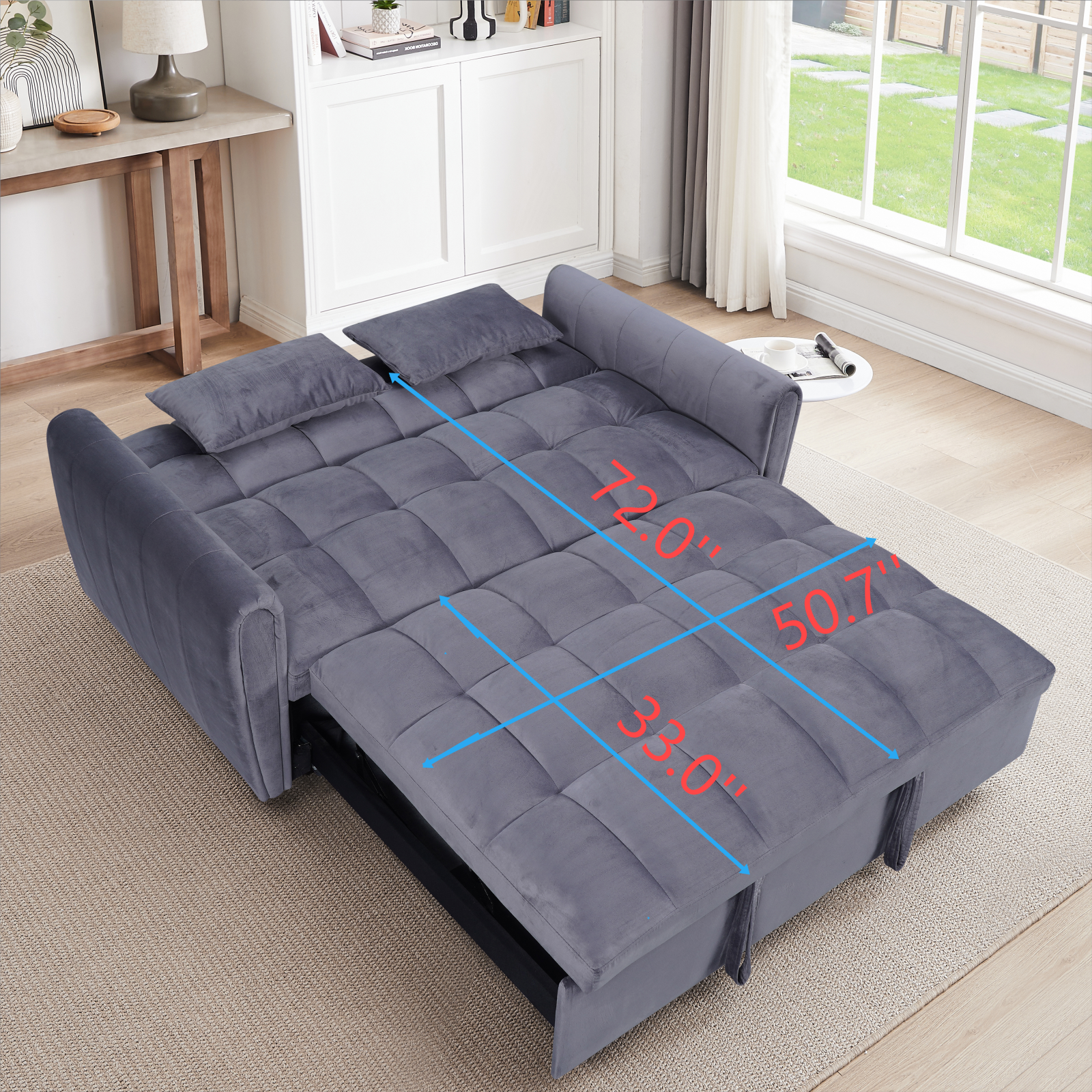 Grey velvet convertible sofa bed with tufted cushions and pullout storage