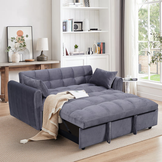 Gray velvet sofa bed with tufted cushions and pullout mattress for versatile seating