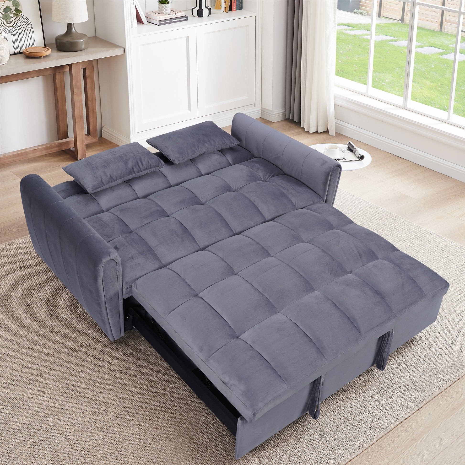 Tufted grey velvet convertible sofa bed with pullout drawer for storage