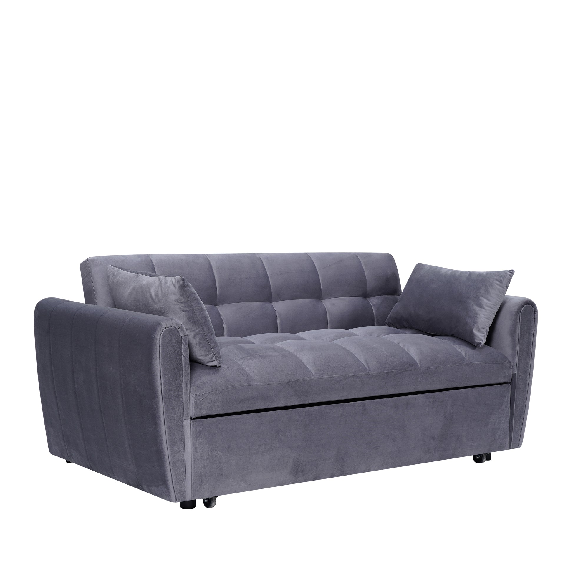 Gray velvet sofa with tufted seat and two accent pillows