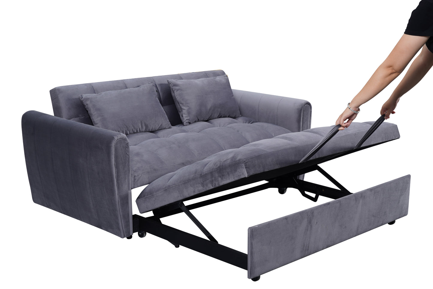 Grey velvet sofa bed with pullout mechanism perfect for small spaces