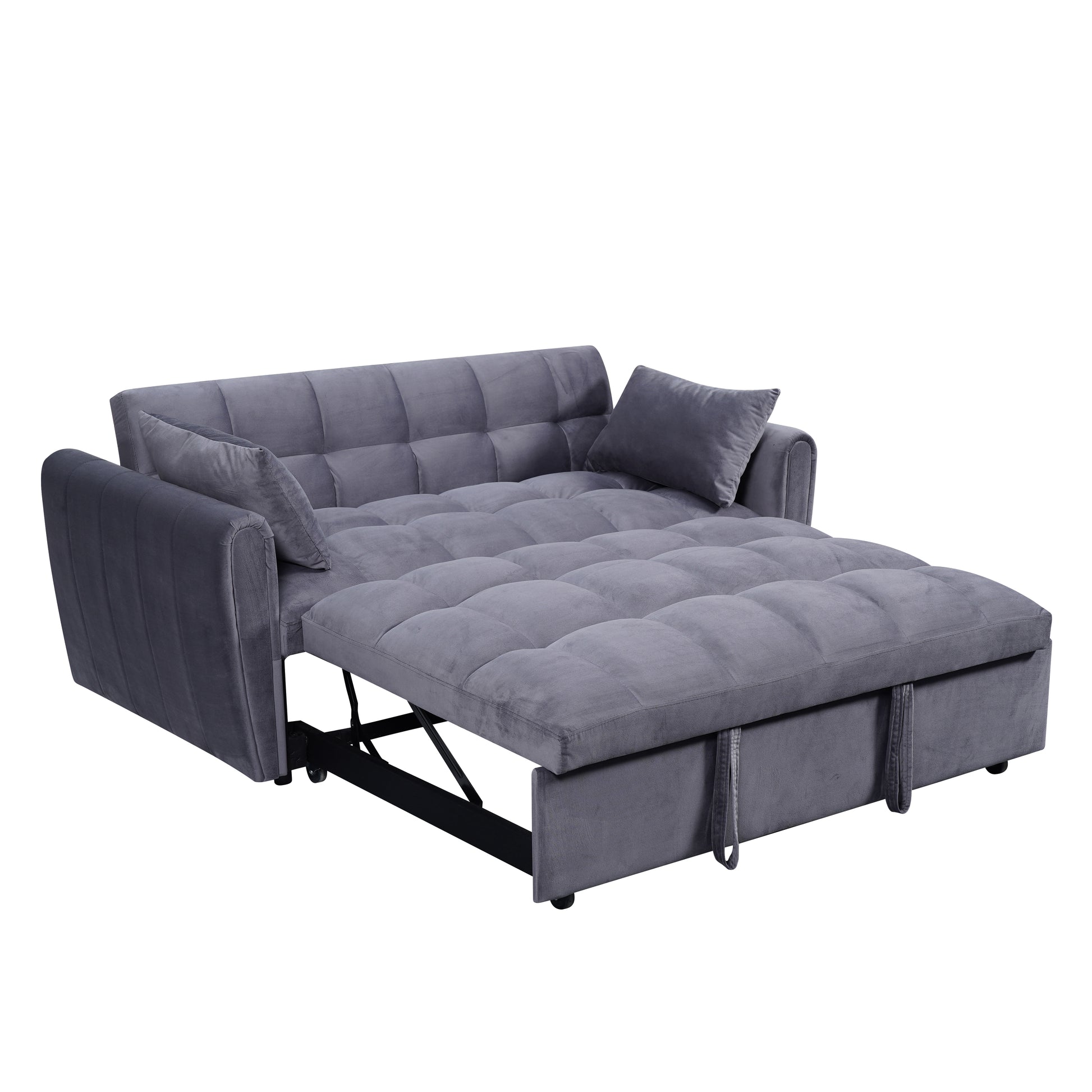 Convertible grey velvet sofa bed with tufted cushions perfect for small spaces