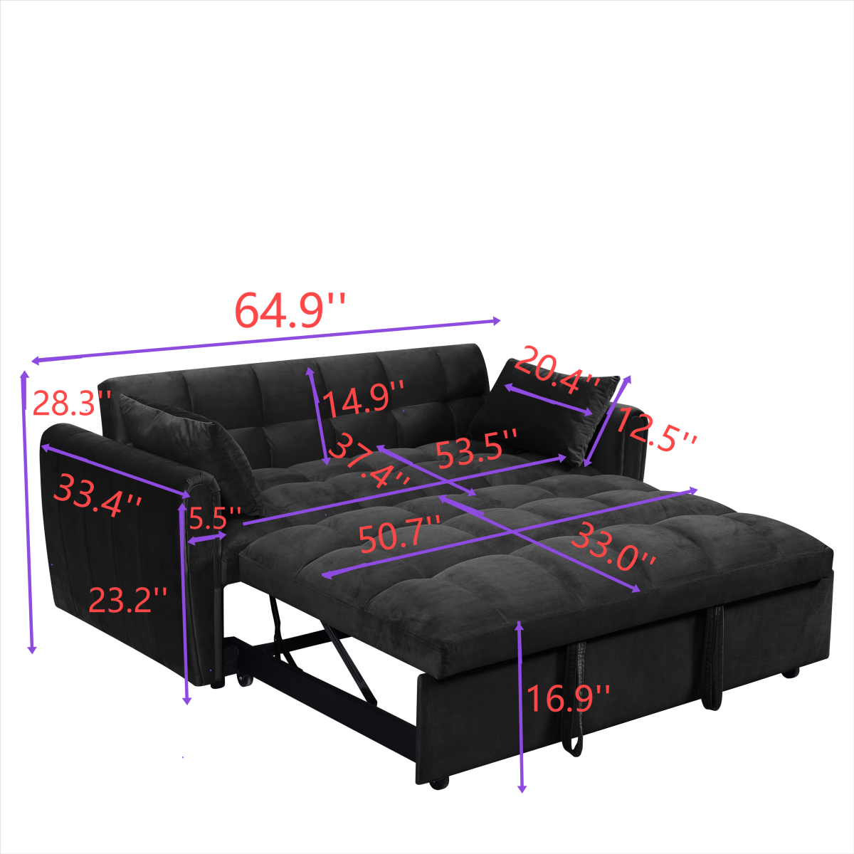 Dark gray tufted sleeper sofa with pullout bed and dimensions labeled