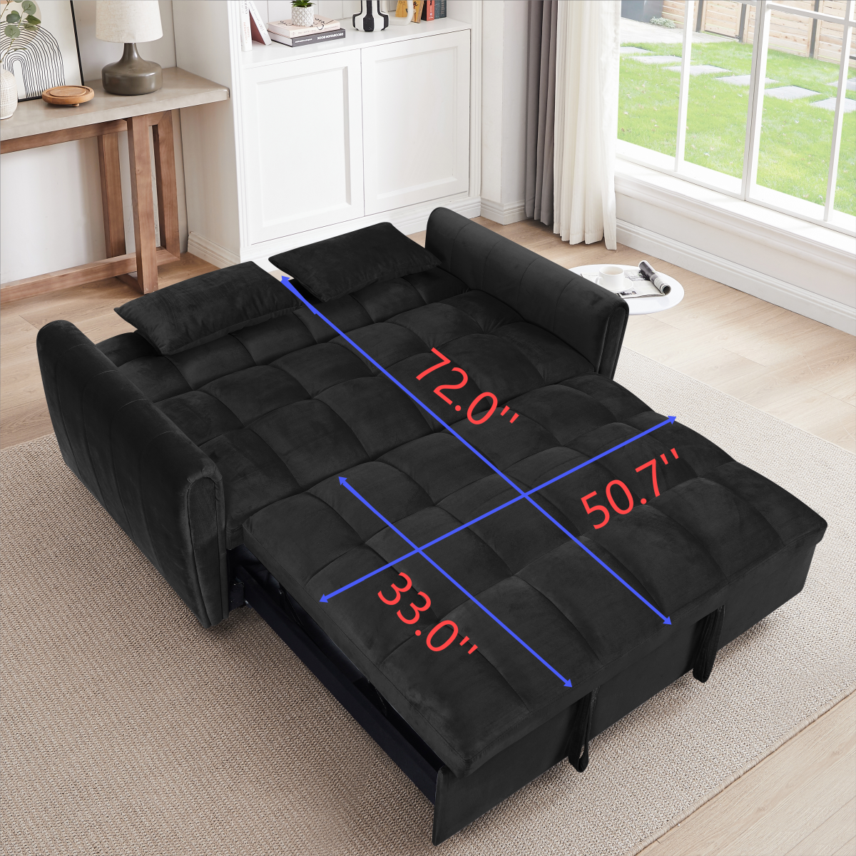 Black velvet convertible sofa bed with tufted cushions and adjustable armrests