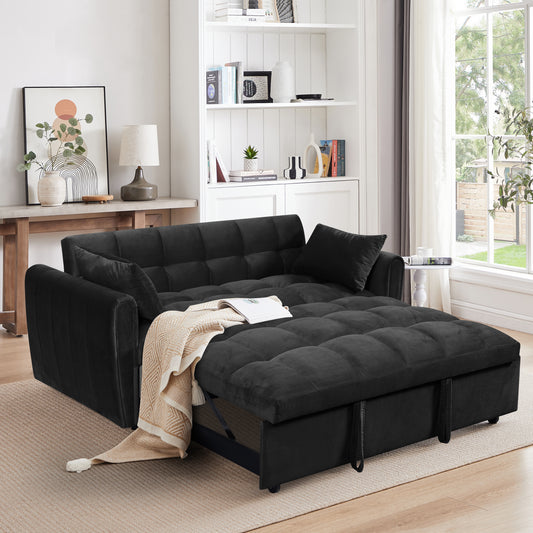 Black velvet convertible sofa bed with tufted cushions and pullout mattress