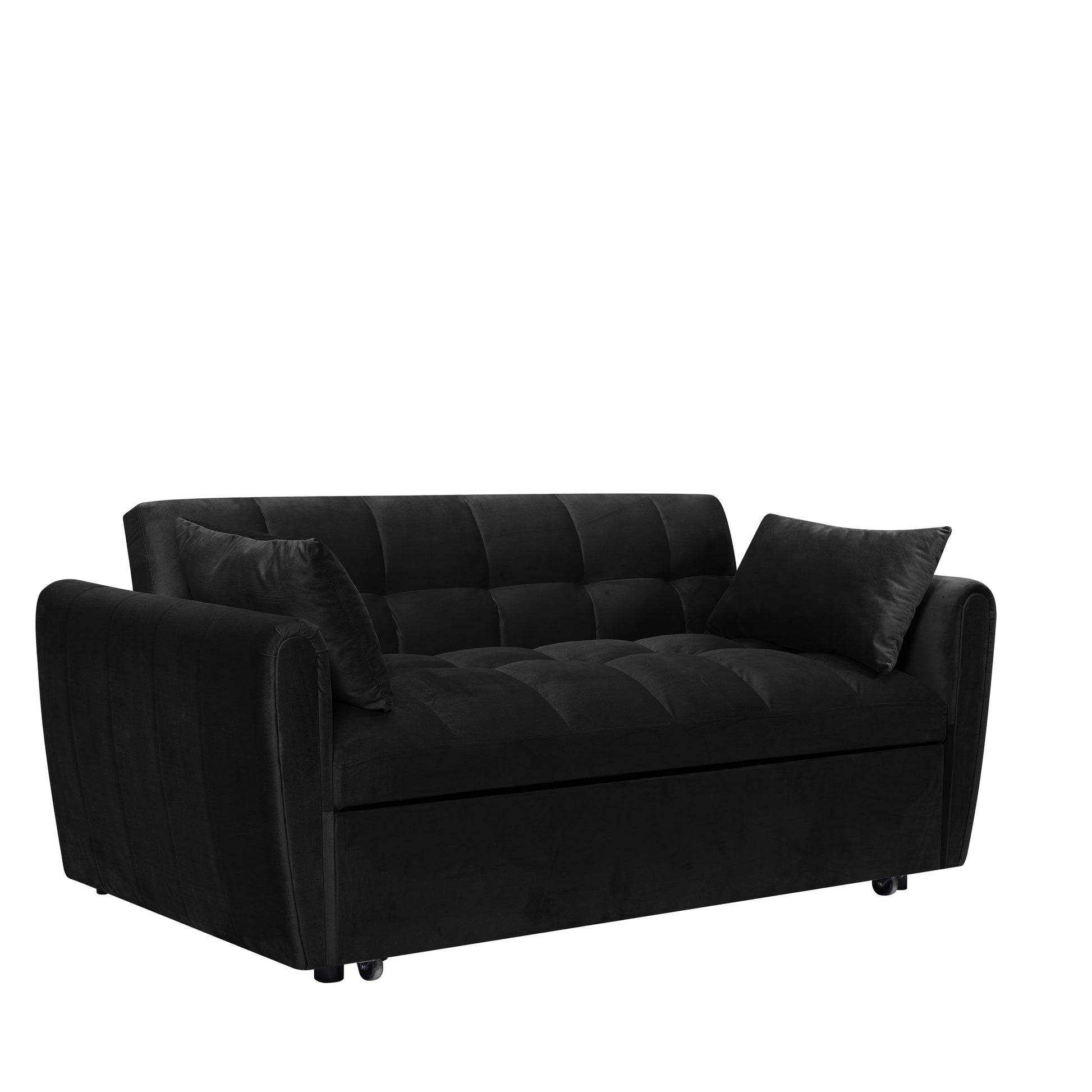 Black velvet sofa with tufted back cushions and two accent pillows modern living room furniture