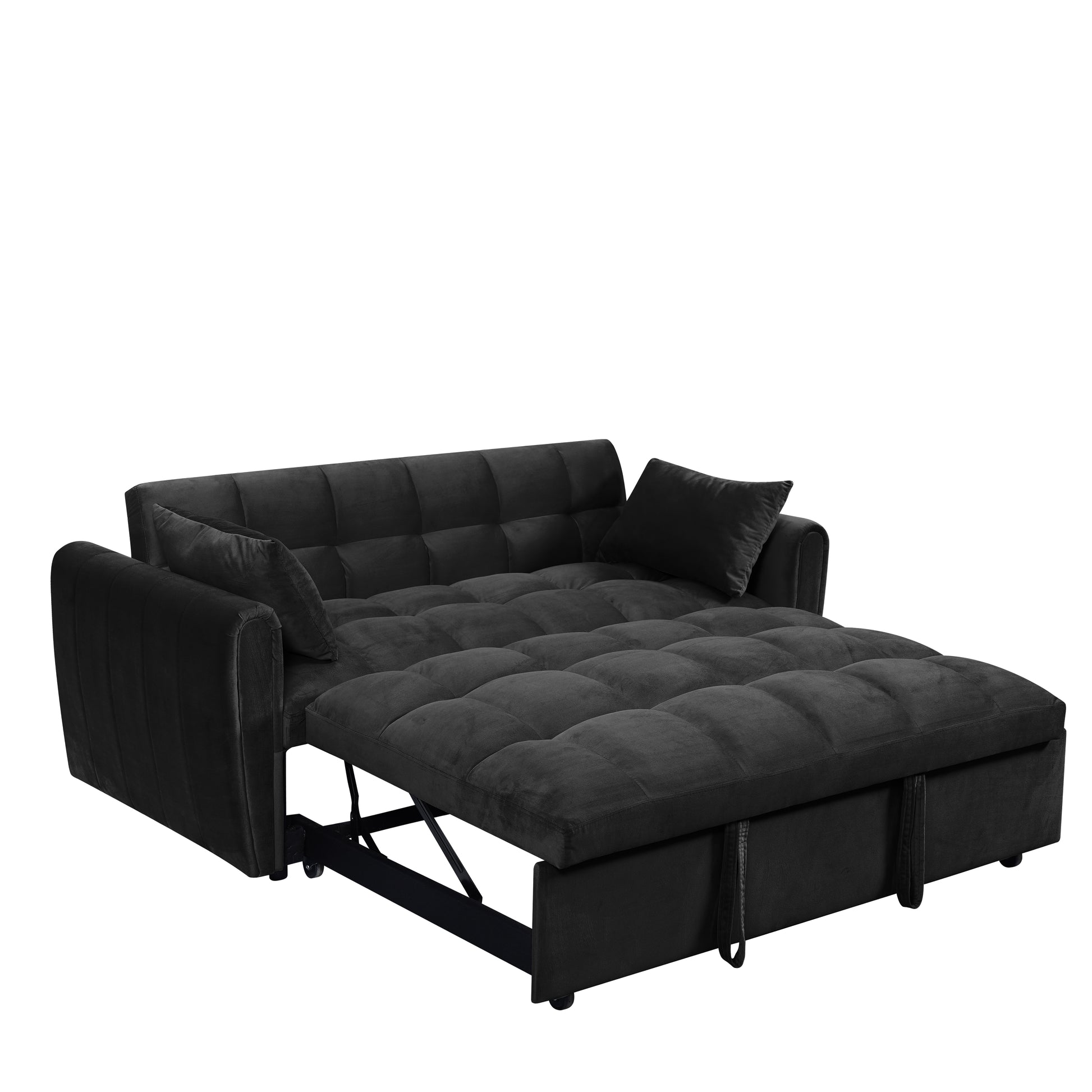 Black velvet sofa bed with tufted cushions and pullout mattress