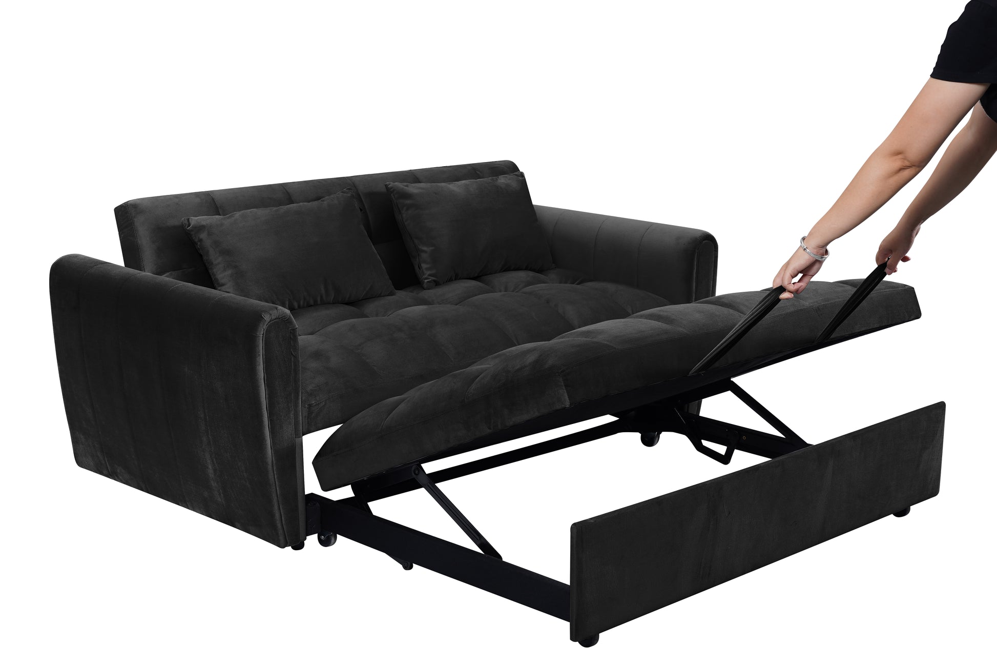 Convertible sofa bed in charcoal grey velvet revealing its pullout bed mechanism for easy setup