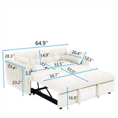Cream velvet sofa bed with dimensions shown extended