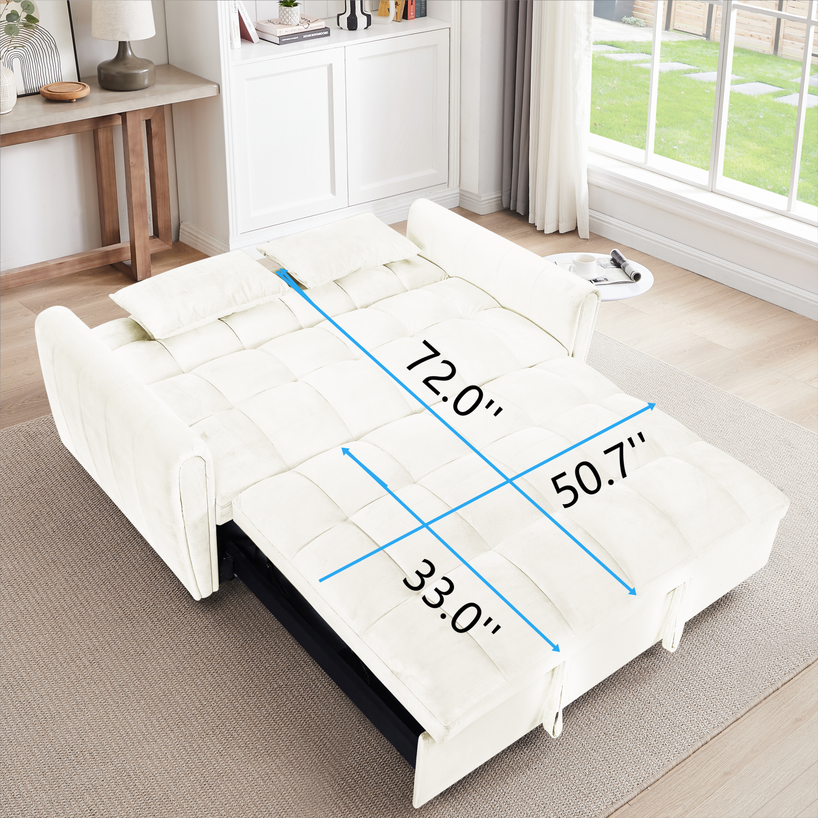Cream tufted sofa bed with pullout ottoman and dimensions  x   wide