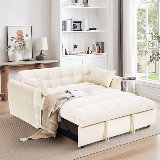 Cream velvet pullout sofa bed with tufted cushions and hidden storage perfect for small spaces