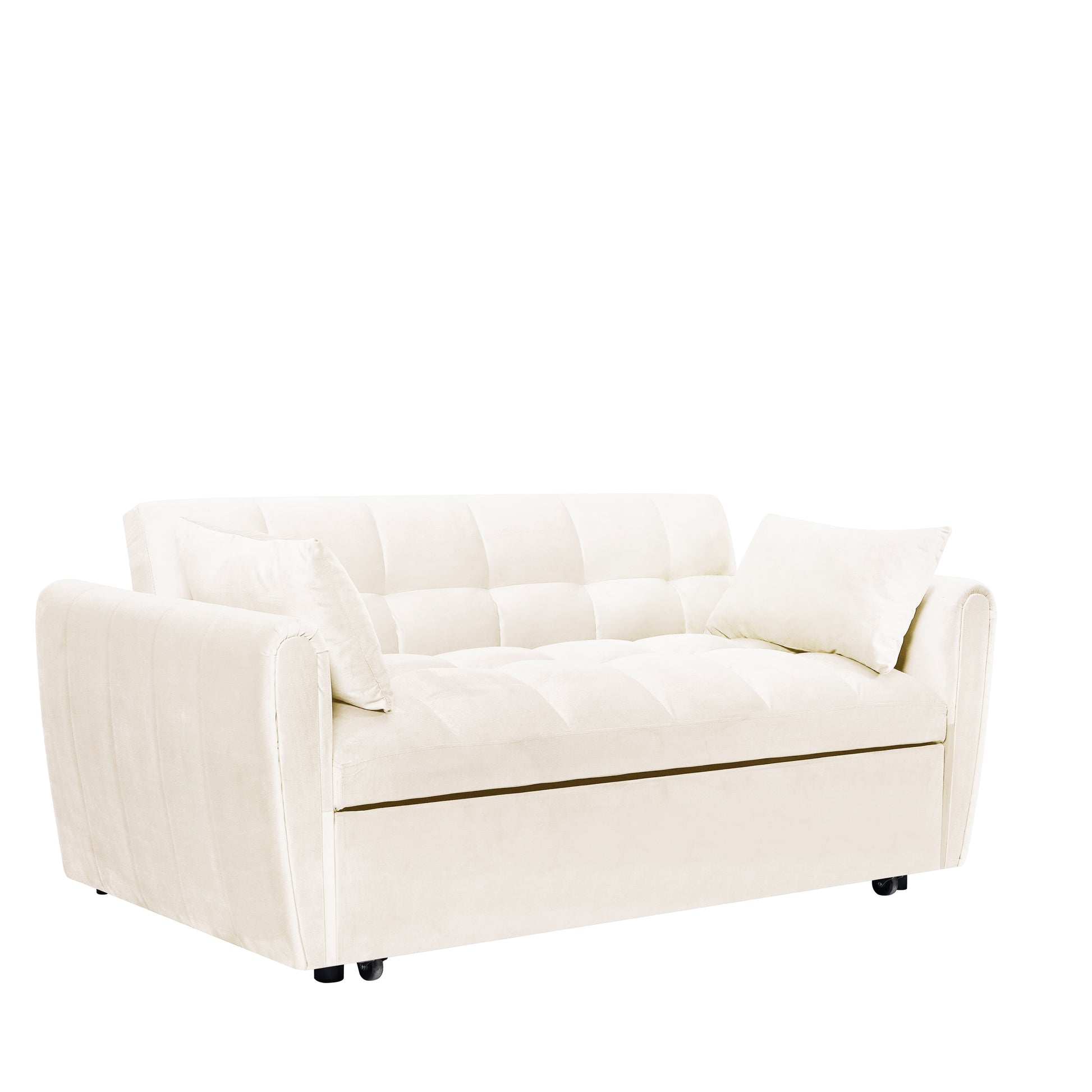 Cream velvet sofa bed with tufted seat and two throw pillows
