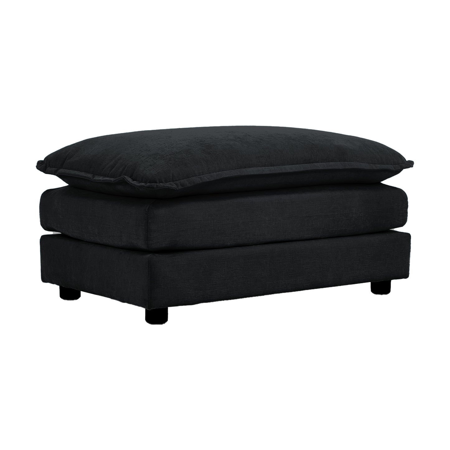 Black upholstered rectangular ottoman with a plush top cushion and wooden feet