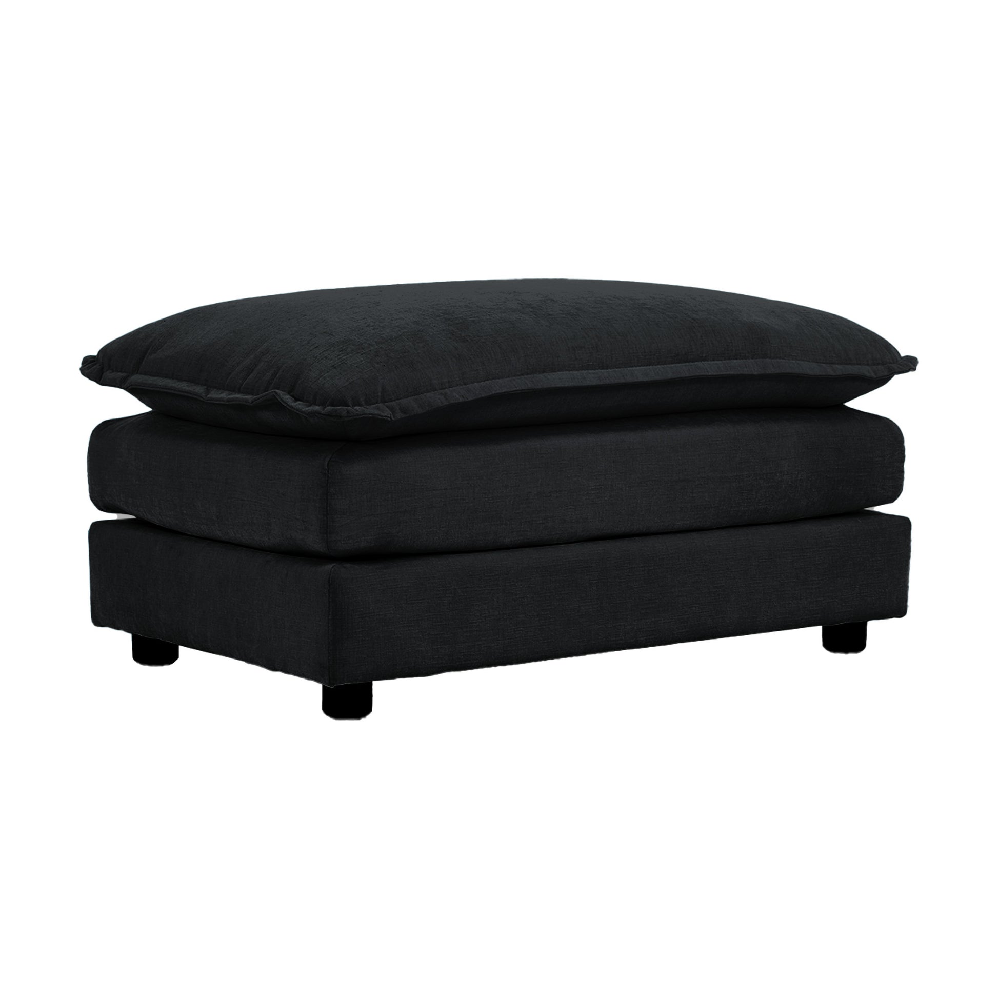 Black upholstered rectangular ottoman with a plush top cushion and wooden feet