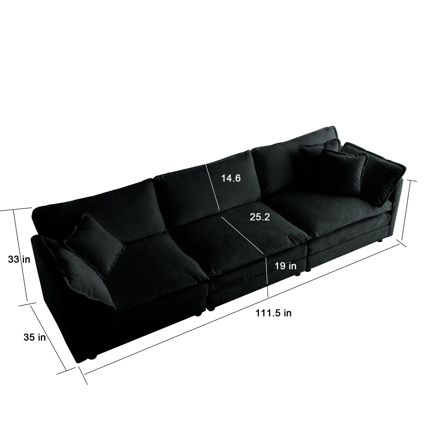 Black velvet sectional sofa with plush cushions and throw pillows dimensions xx inches