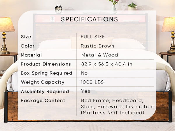 Rustic brown metal and wood full size bed frame with headboard