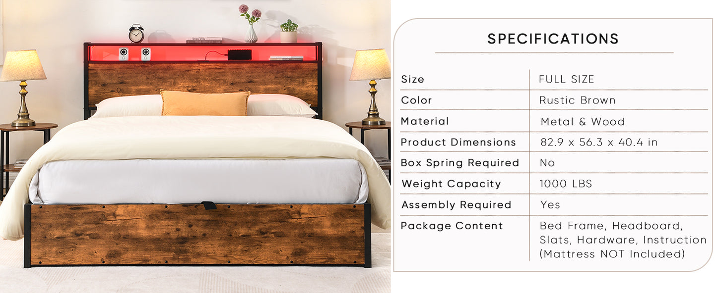 Rustic brown metal and wood full size bed frame with LED headboard