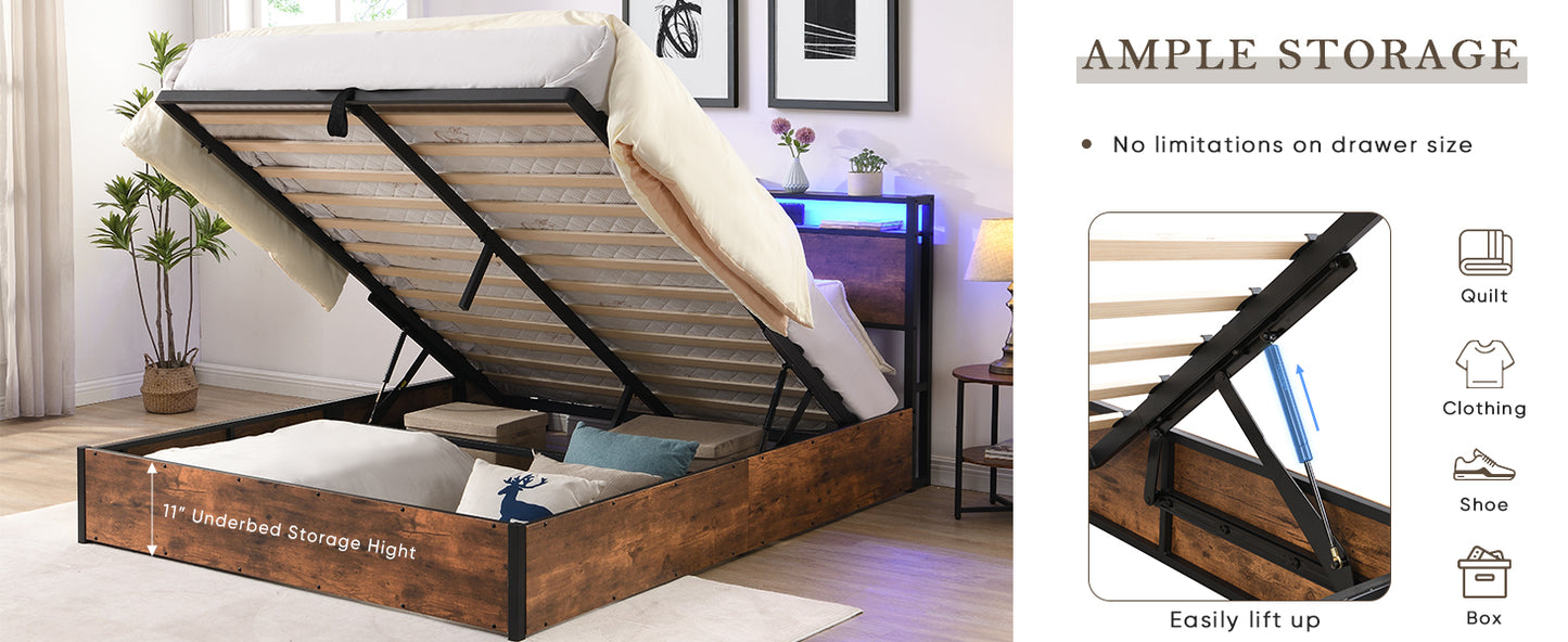 Rustic wood storage bed frame with liftup mattress revealing ample underbed storage