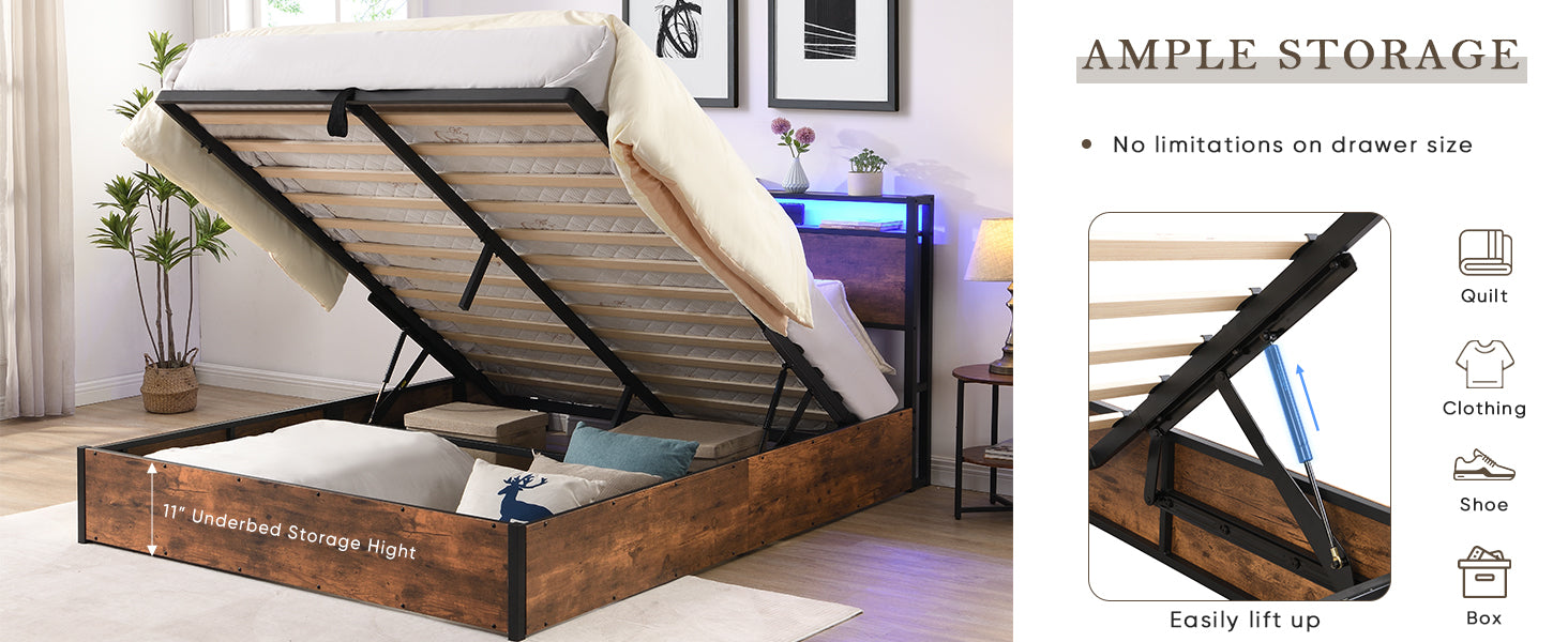 Rustic wood storage bed frame with liftup mattress revealing ample underbed storage