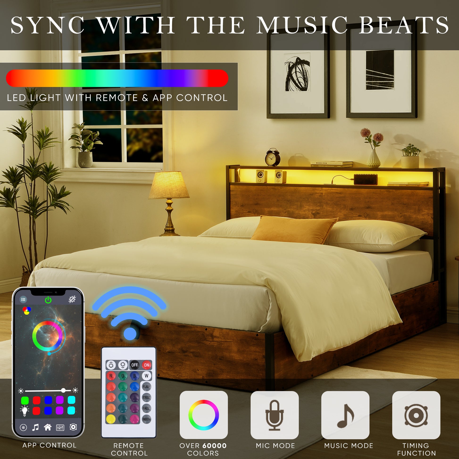 Wooden bed frame with integrated LED lighting in a bedroom