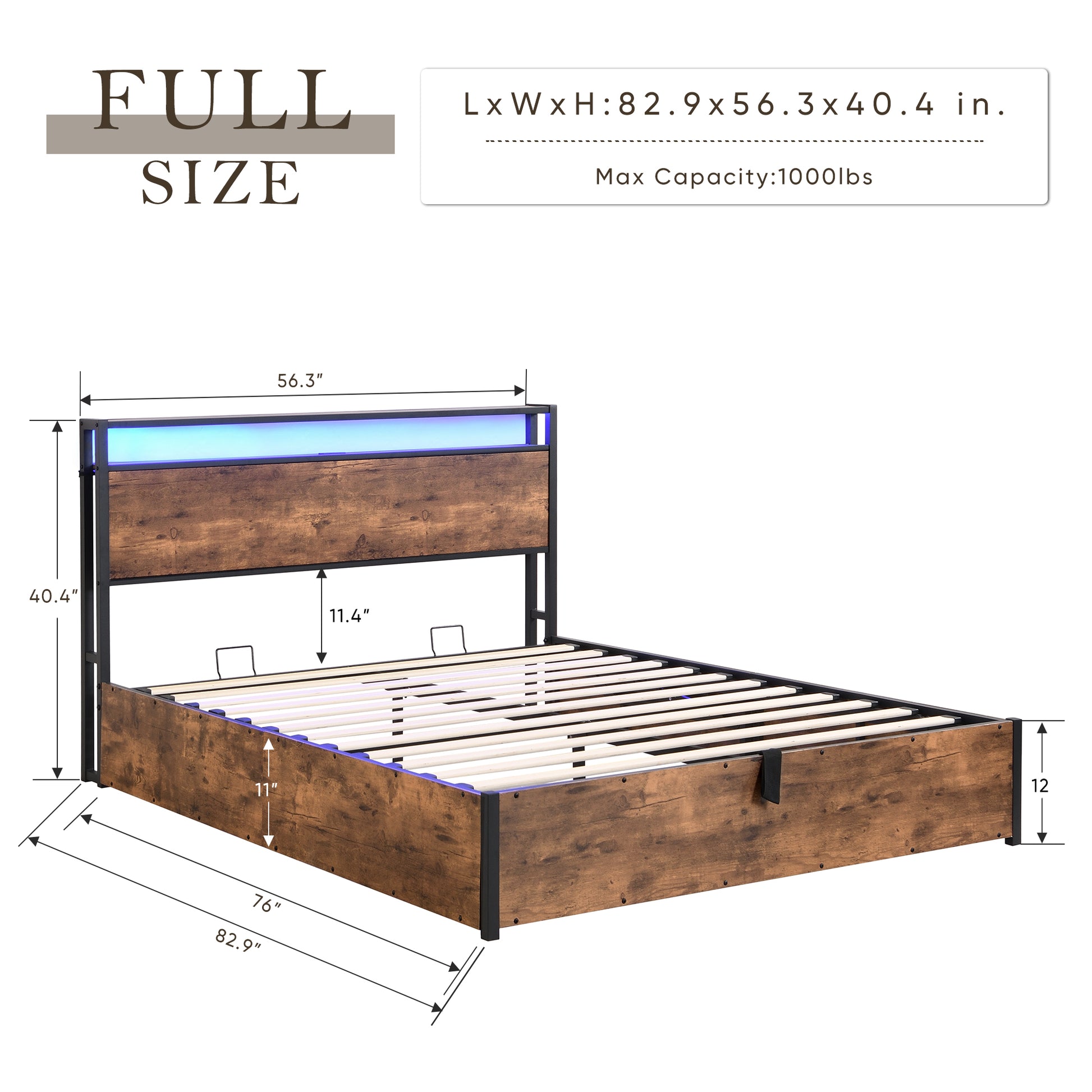 Full size industrial style metal bed frame with wood grain headboard and blue LED lights