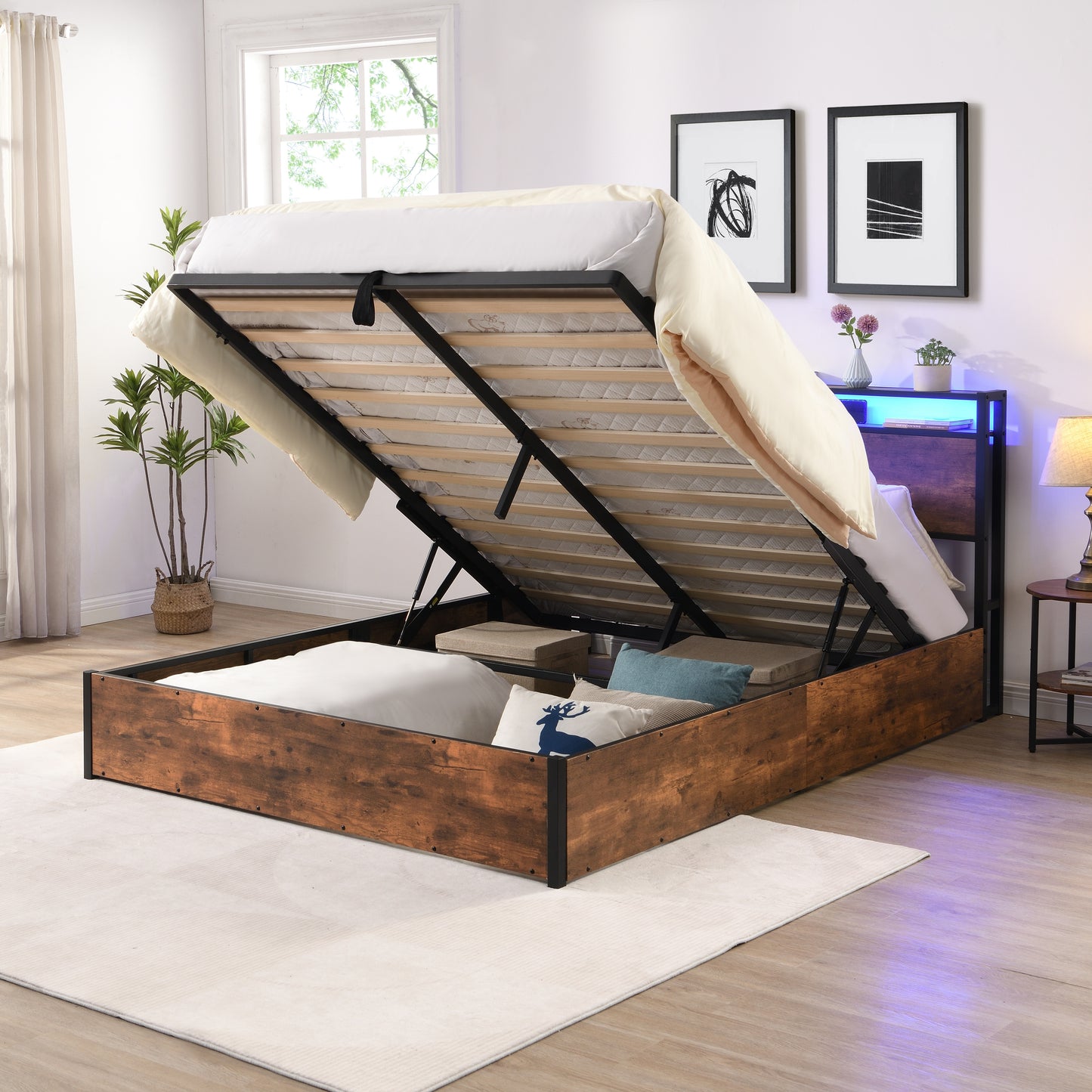 Rustic wood lifttop storage bed frame with metal accents and blue LED headboard lighting