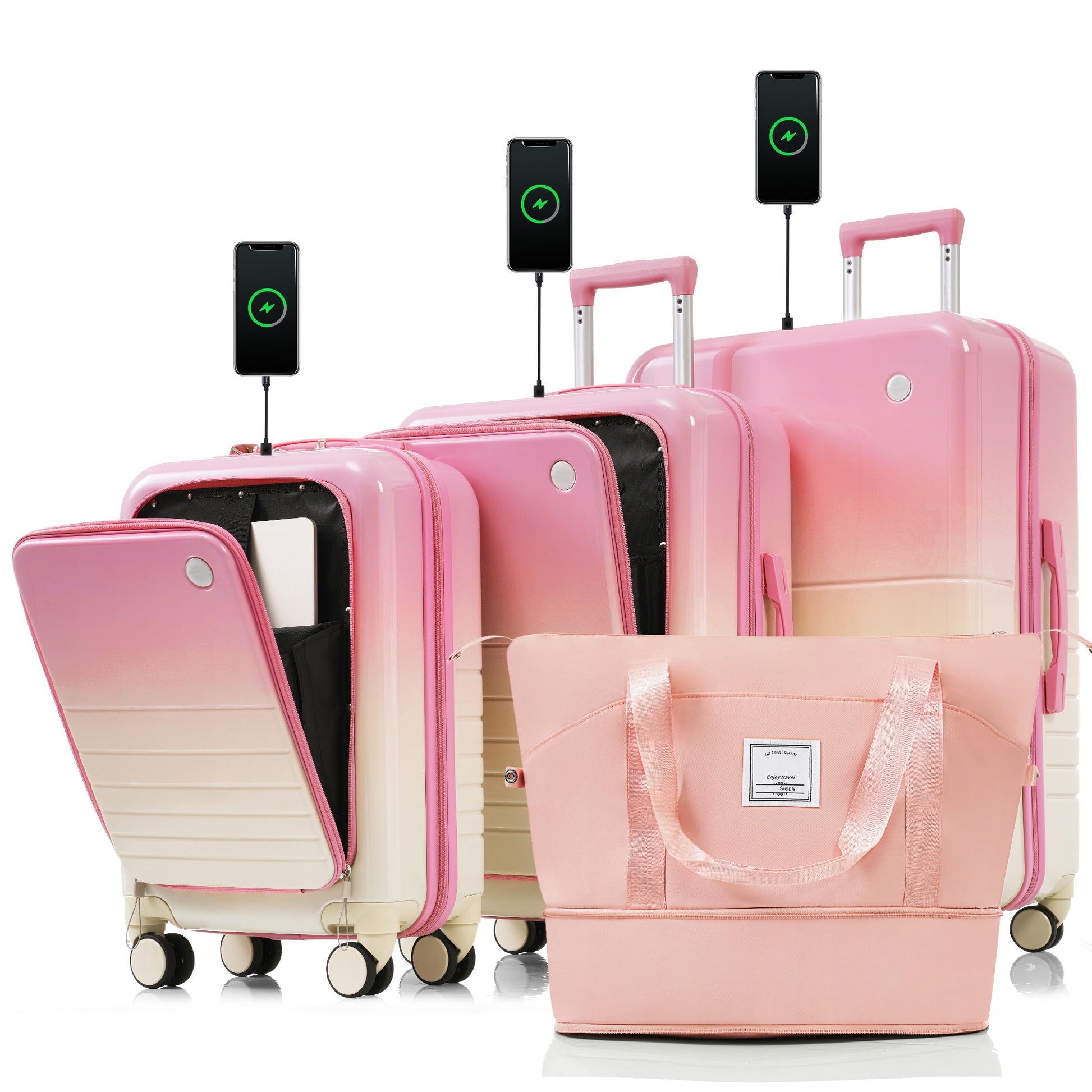 Four pink ombre luggage pieces with builtin USB charging ports for phones on white background