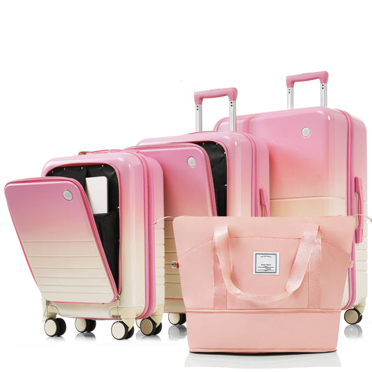 Pink ombre hardside luggage set with telescoping handles and a matching duffel bag
